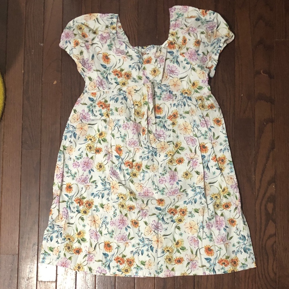 crown & ivy White Floral Cotton Dress with Pink & Yellow Blooms